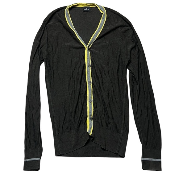 Paul Smith 100% Merino Wool Gray Cardigan Signature Yellow Trim Button Front - Picture 1 of 4